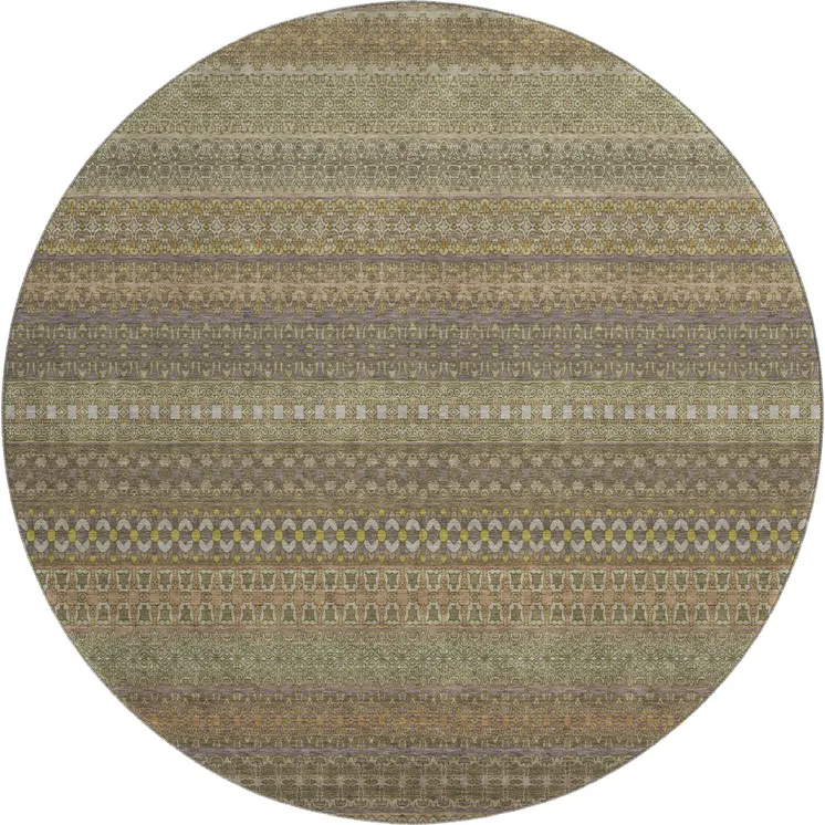 8' Khaki And Ivory Striped Washable Round Rug With UV Protection