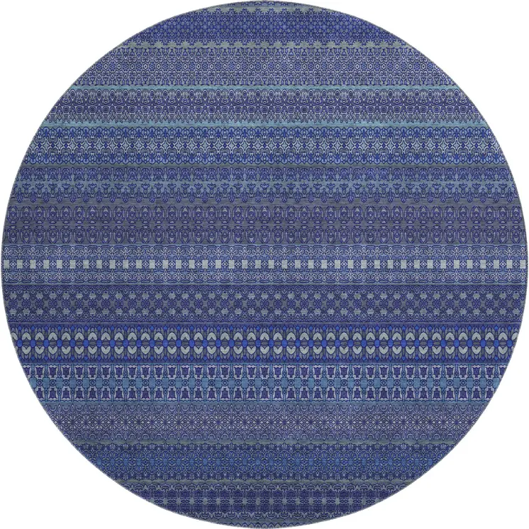 8' Navy Blue And Ivory Striped Washable Round Rug With UV Protection