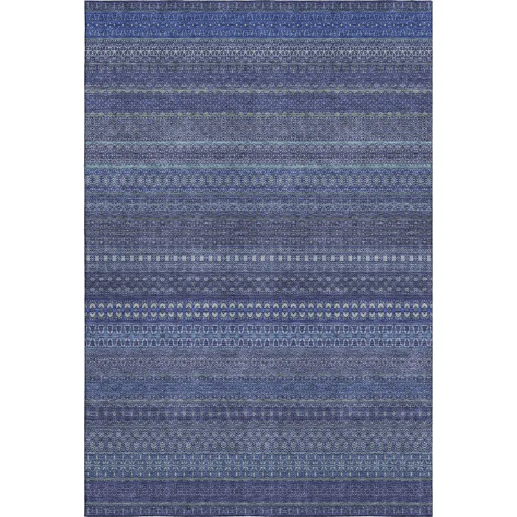 9' X 12' Navy Blue And Ivory Striped Washable Area Rug With UV Protection