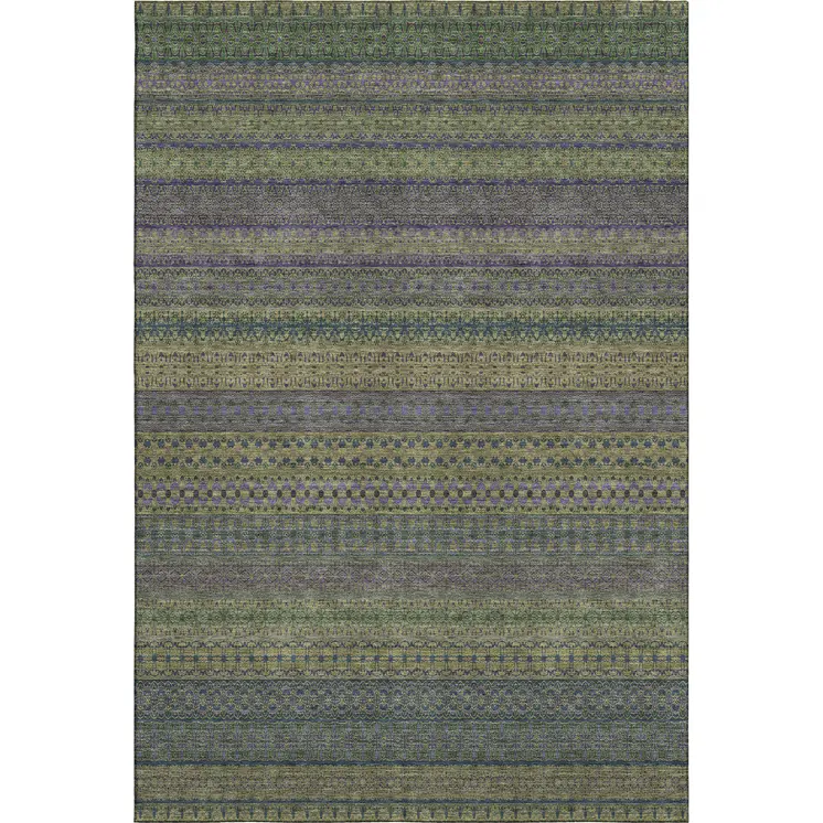 5' X 8' Olive Green And Blue Striped Washable Area Rug With UV Protection