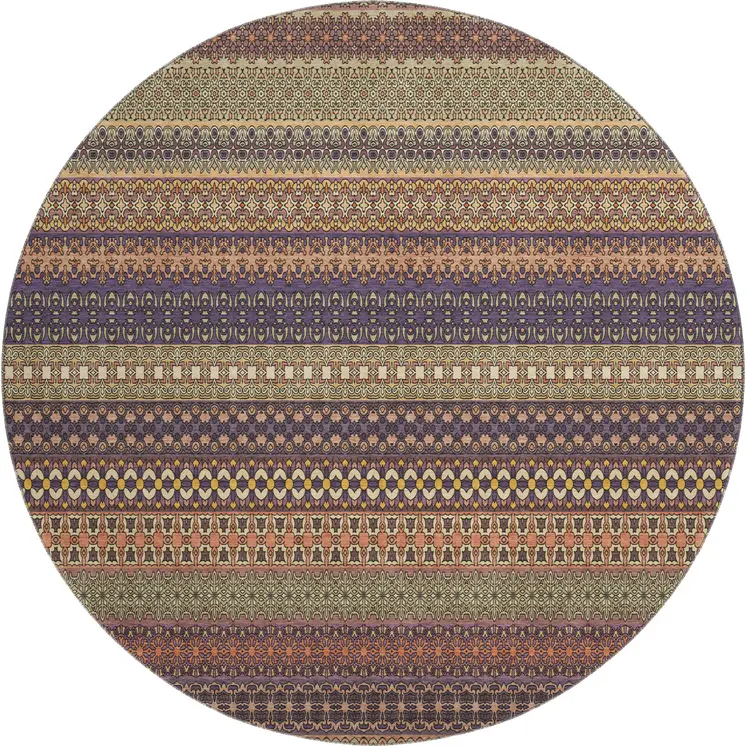 8' Rust And Purple Striped Washable Round Rug With UV Protection