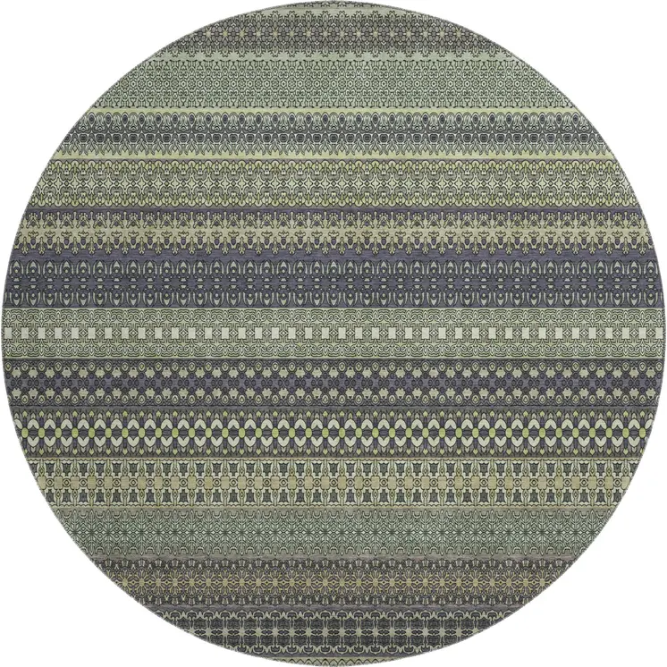 8' Sage Gray And Ivory Striped Washable Round Rug With UV Protection