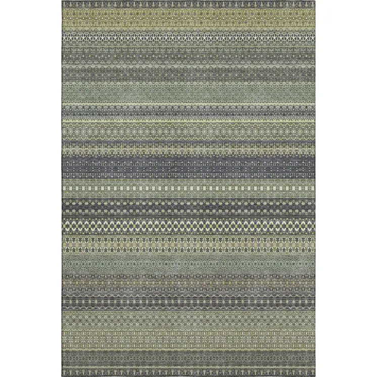 10' X 14' Sage Gray And Ivory Striped Washable Area Rug With UV Protection