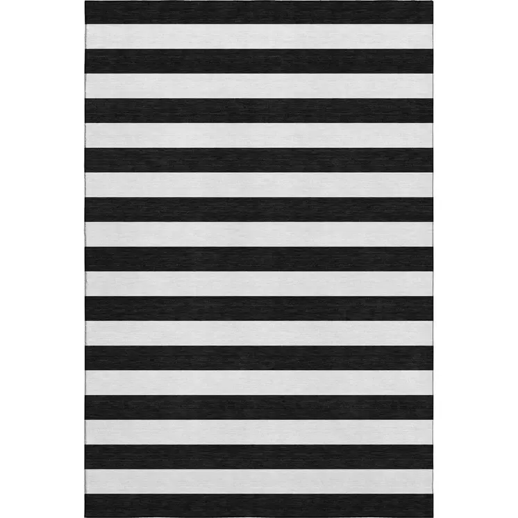 10' X 14' Black And Ivory Striped Washable Area Rug With UV Protection