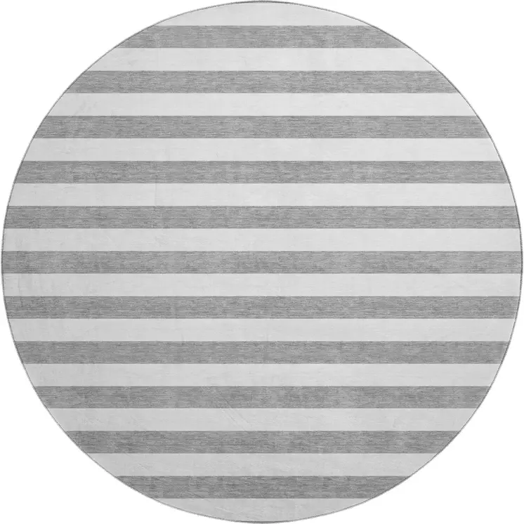 8' Gray And Ivory Striped Washable Round Rug With UV Protection