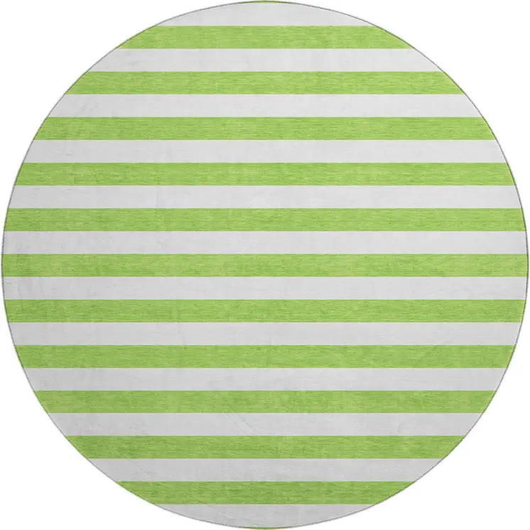 8' Lime Green And Ivory Striped Washable Round Rug With UV Protection