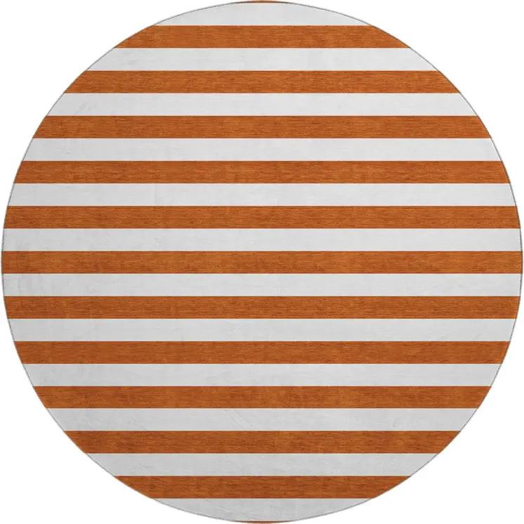 8' Rust And Ivory Striped Washable Round Rug With UV Protection