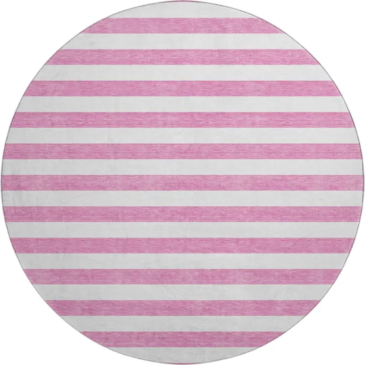 8' Pink And Ivory Striped Washable Round Rug With UV Protection
