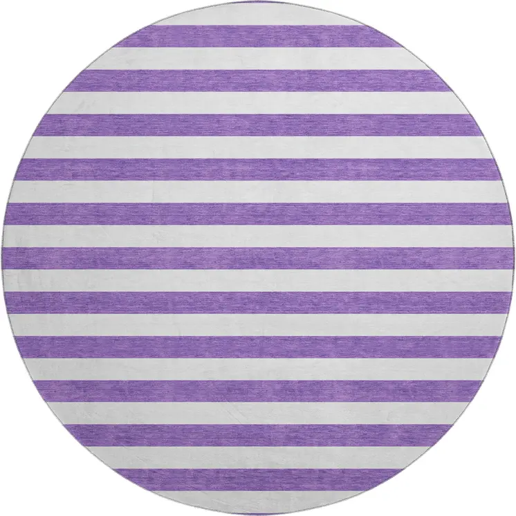 8' Purple And Ivory Striped Washable Round Rug With UV Protection