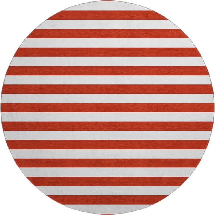 8' Red And Ivory Striped Washable Round Rug With UV Protection