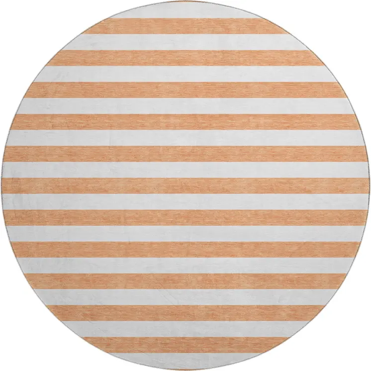 8' Salmon And Ivory Striped Washable Round Rug With UV Protection