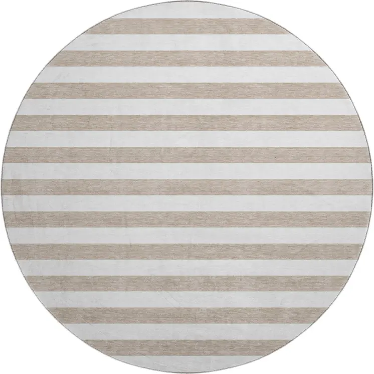 8' Taupe And Ivory Striped Washable Round Rug With UV Protection