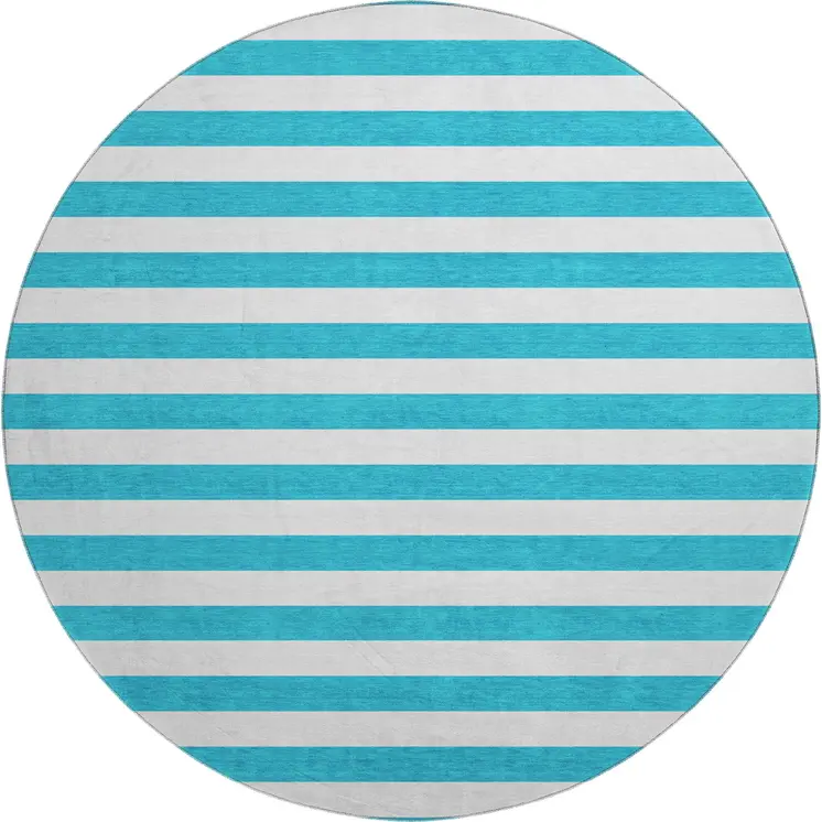 8' Teal And Ivory Striped Washable Round Rug With UV Protection