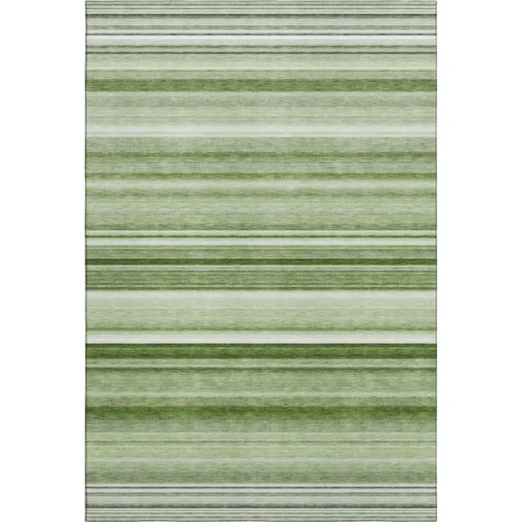 9' X 12' Fern Green And Ivory Striped Washable Area Rug With UV Protection