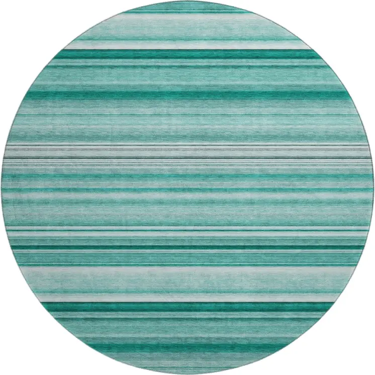 8' Aqua And Ivory Striped Washable Round Rug With UV Protection
