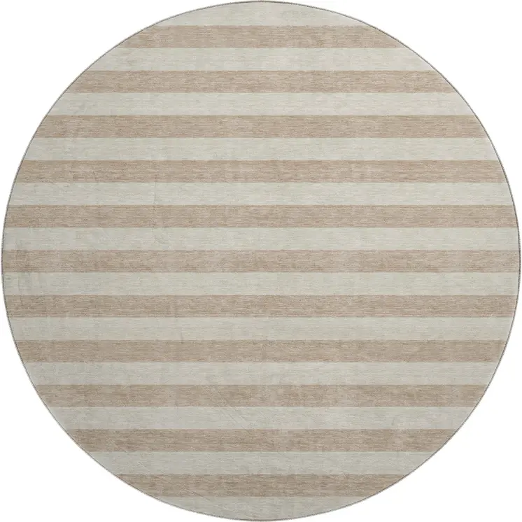 8' Beige And Taupe Striped Washable Round Rug With UV Protection