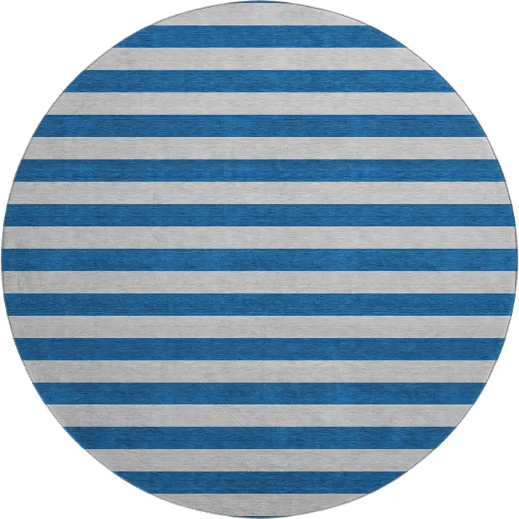 8' Blue And Gray Striped Washable Round Rug With UV Protection