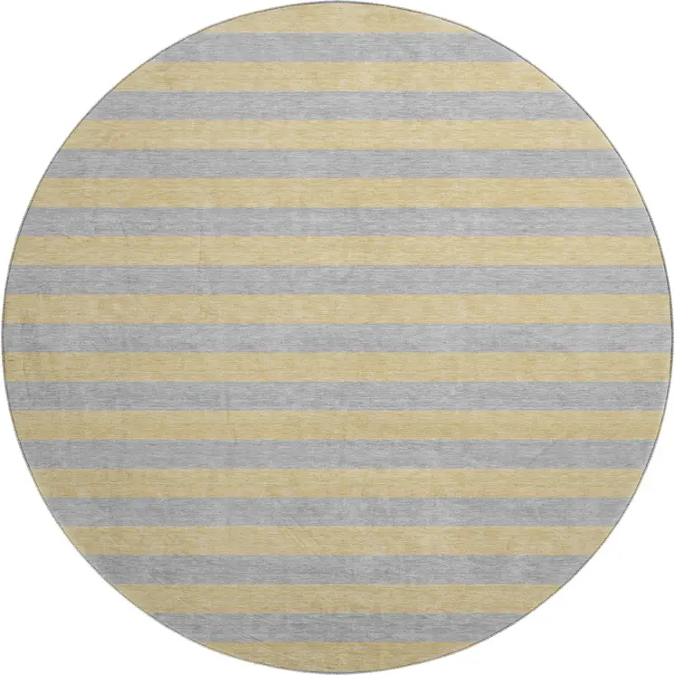 8' Silver And Gold Striped Washable Round Rug With UV Protection