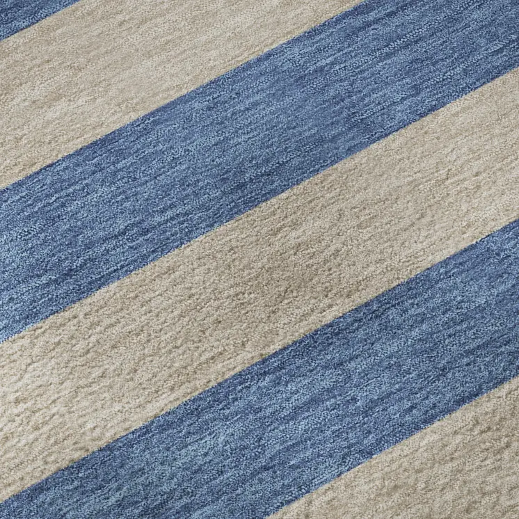 10' X 14' Tan And Blue Striped Washable Area Rug With UV Protection