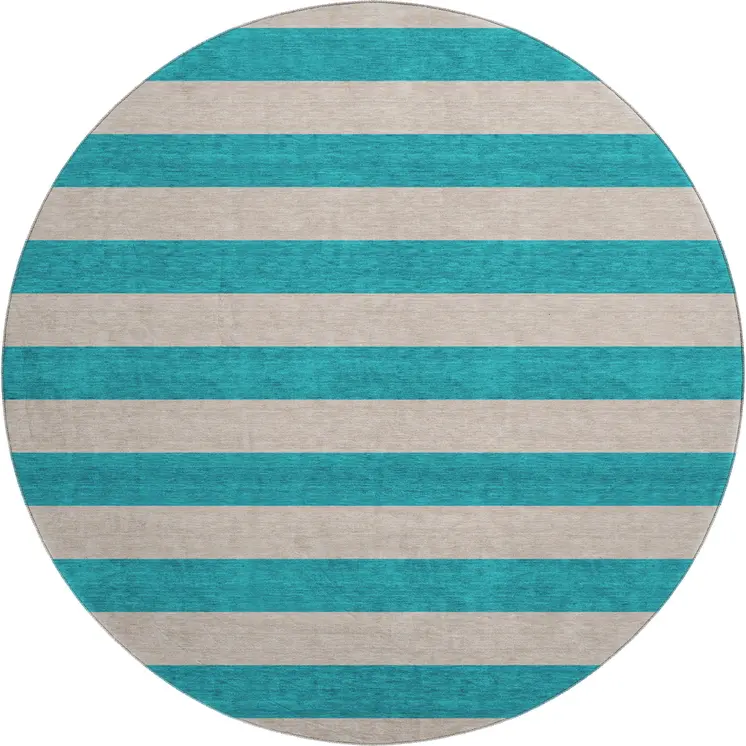8' Turquoise And Ivory Striped Washable Round Rug With UV Protection