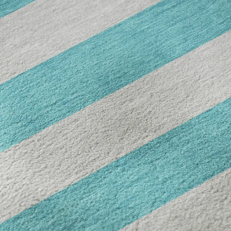10' X 14' Turquoise And Ivory Striped Washable Area Rug With UV Protection