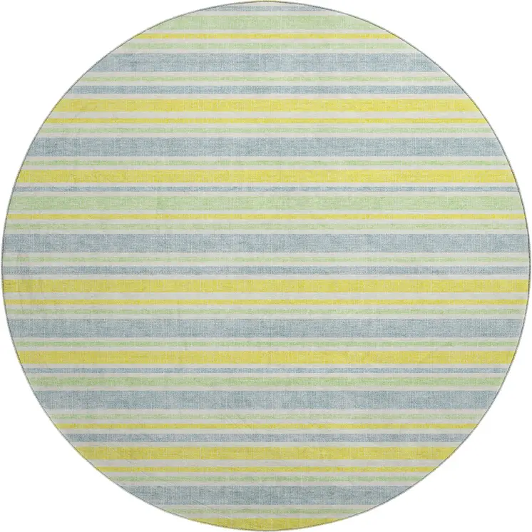 8' Denim Blue And Yellow Striped Washable Round Rug With UV Protection