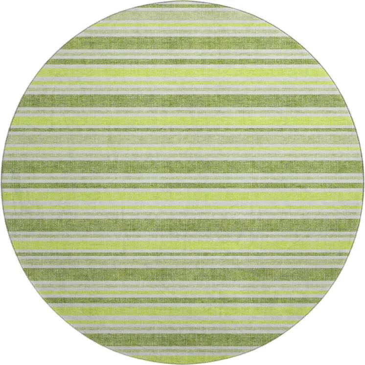 8' Fern Green And Ivory Striped Washable Round Rug With UV Protection