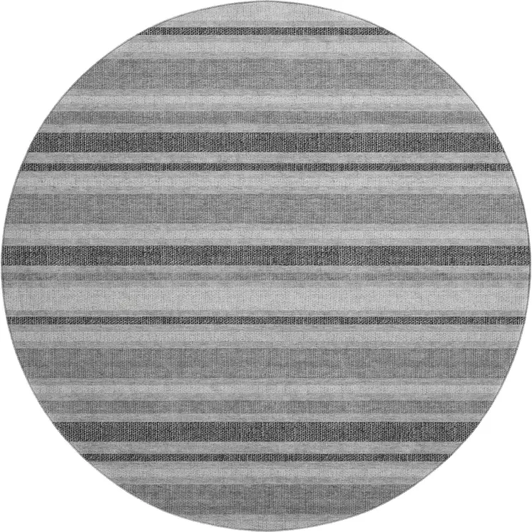 8' Gray And Ivory Striped Washable Round Rug With UV Protection