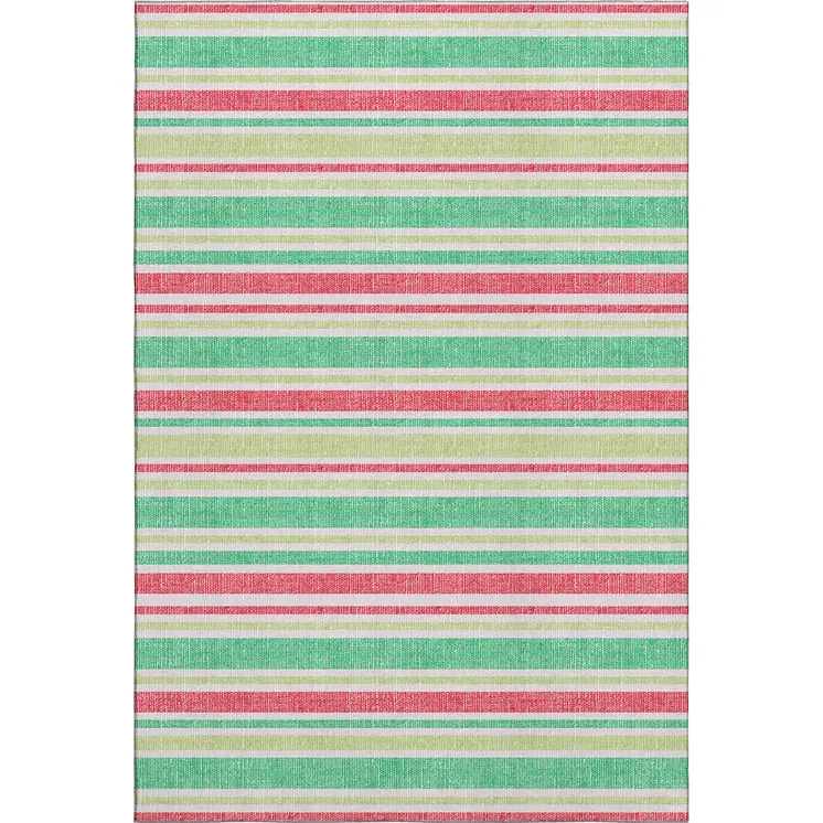 5' X 8' Green And Blush Striped Washable Area Rug With UV Protection