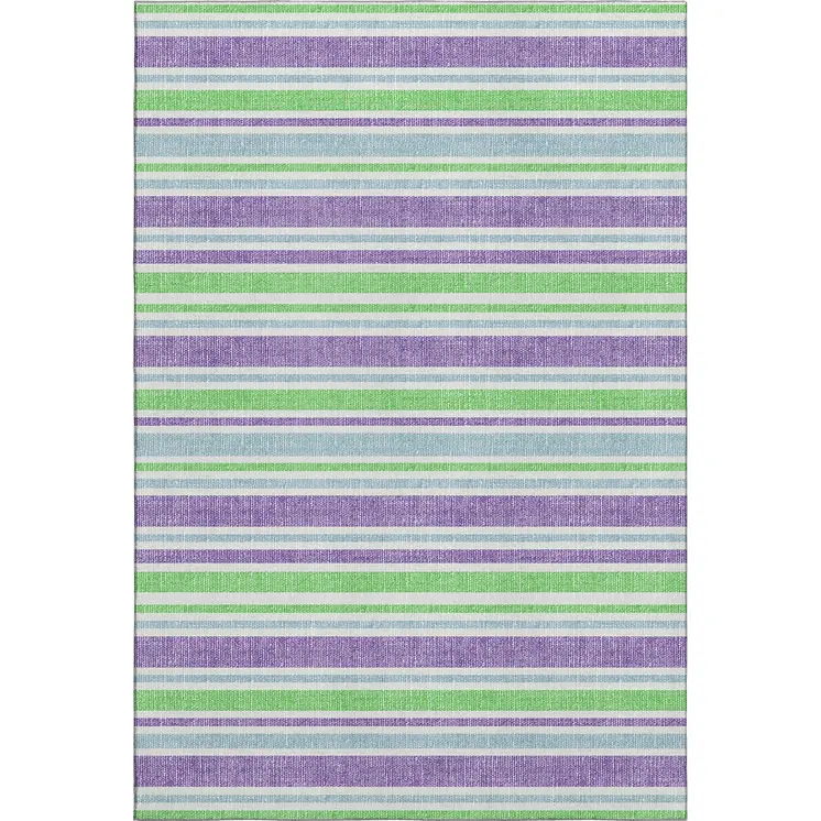9' X 12' Lime Green And Purple Striped Washable Area Rug With UV Protection