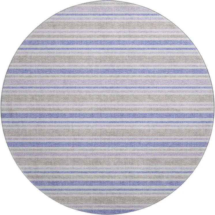 8' Navy Blue And Lavender Striped Washable Round Rug With UV Protection