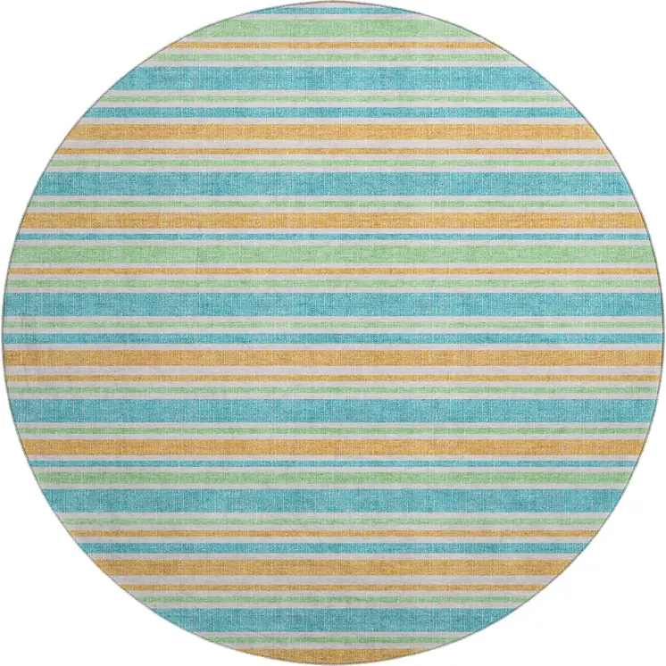 8' Teal And Orange Striped Washable Round Rug With UV Protection