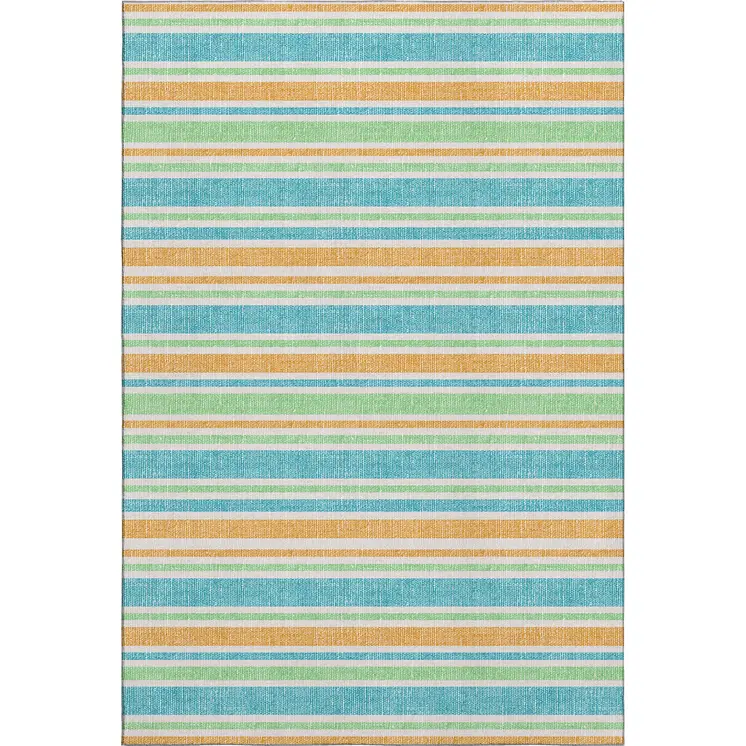 8' X 10' Teal And Orange Striped Washable Area Rug With UV Protection