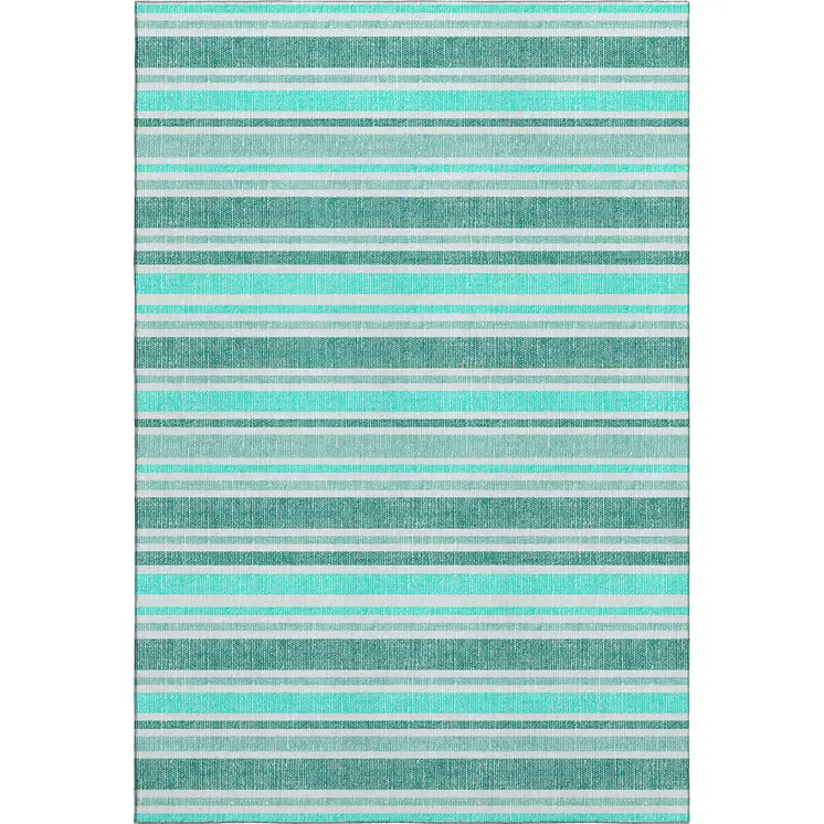 5' X 8' Turquoise And Ivory Striped Washable Area Rug With UV Protection