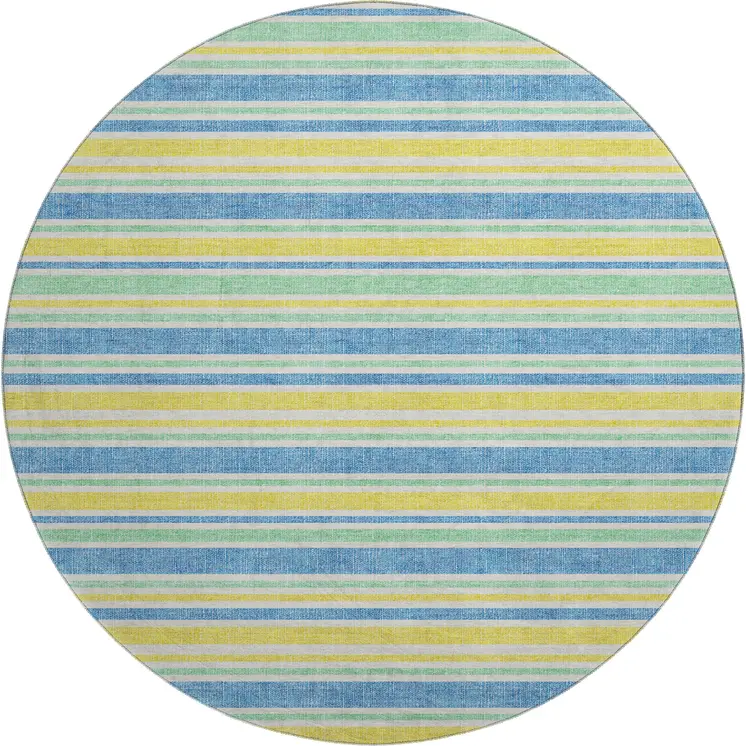 8' Yellow And Blue Striped Washable Round Rug With UV Protection