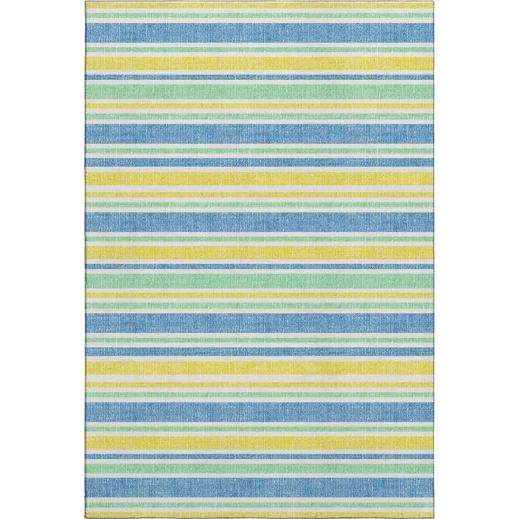 9' X 12' Yellow And Blue Striped Washable Area Rug With UV Protection