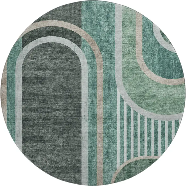 8' Emerald And Gray Geometric Washable Round Rug With UV Protection