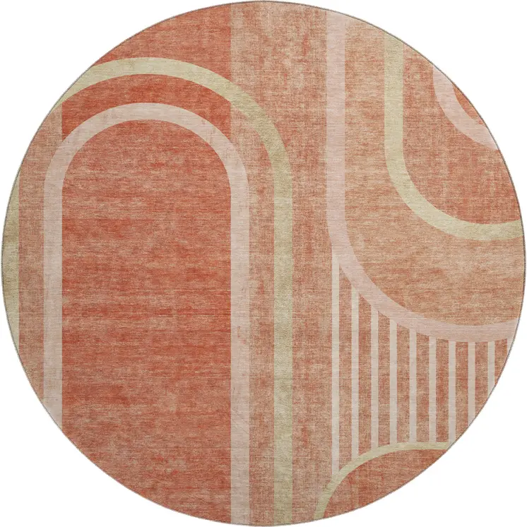 8' Salmon And Beige Geometric Washable Round Rug With UV Protection