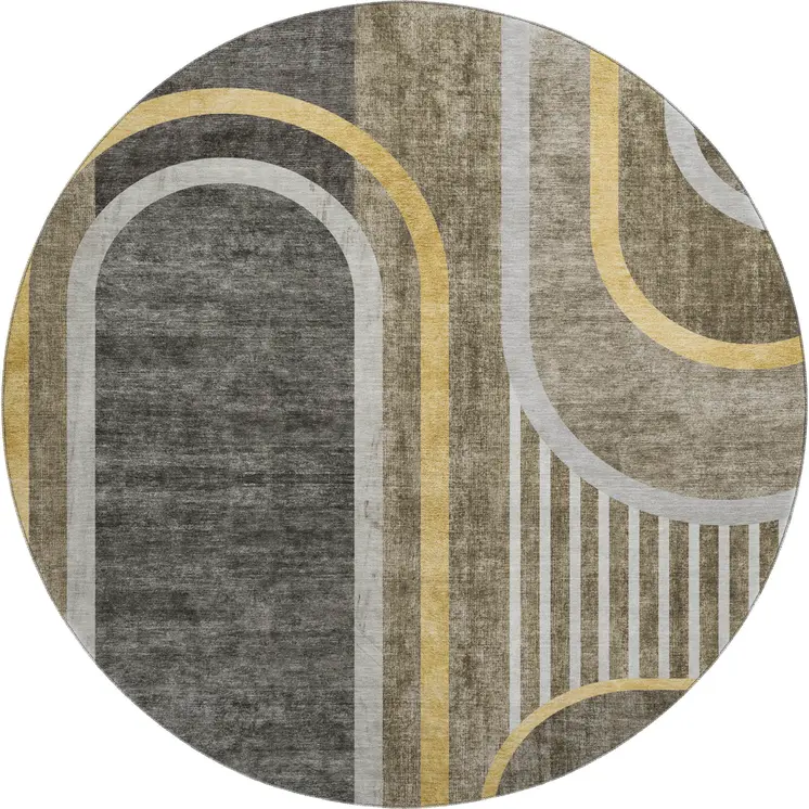 8' Taupe And Gold Geometric Washable Round Rug With UV Protection