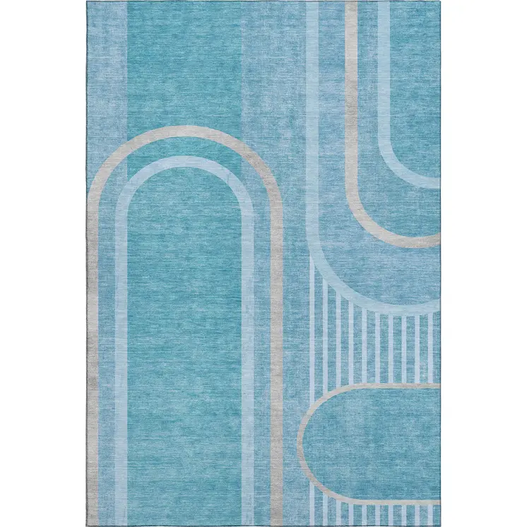 5' X 8' Teal And Khaki Geometric Washable Area Rug With UV Protection