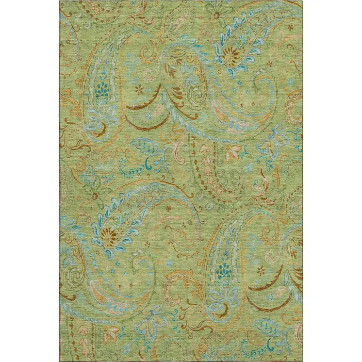 3' X 5' Fern Green And Blue Paisley Washable Area Rug With UV Protection