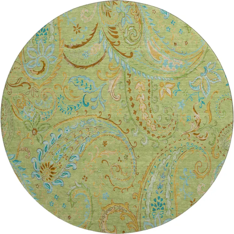 8' Fern Green And Blue Paisley Washable Round Rug With UV Protection