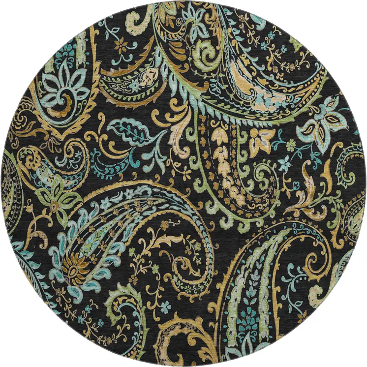 8' Black Blue And Green Paisley Washable Round Rug With UV Protection