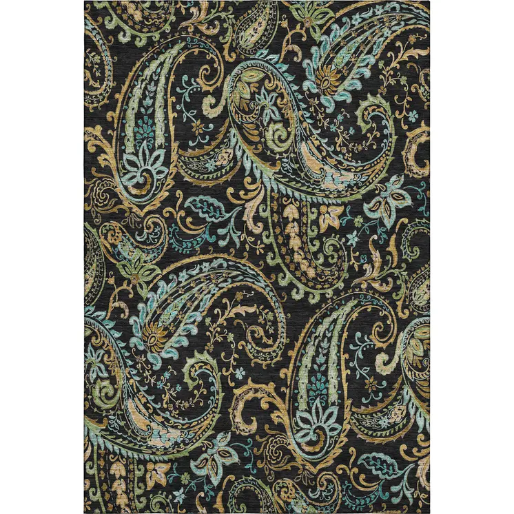 9' X 12' Black Blue And Green Paisley Washable Area Rug With UV Protection