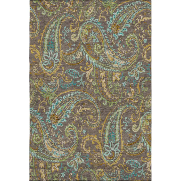 10' X 14' Chocolate Blue And Green Paisley Washable Area Rug With UV Protection
