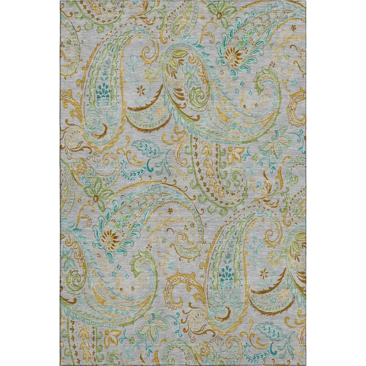 3' X 5' Gray Blue And Green Paisley Washable Area Rug With UV Protection