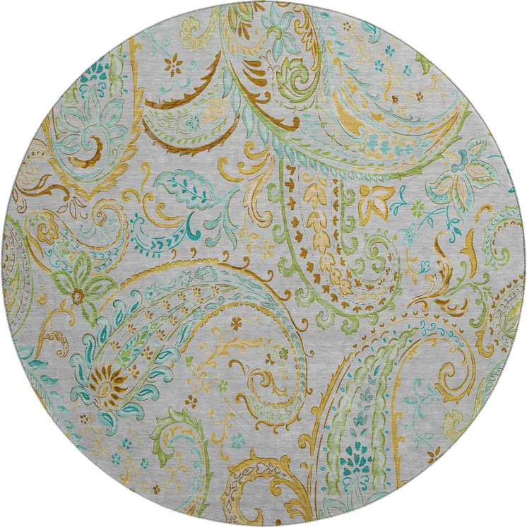 8' Gray Blue And Green Paisley Washable Round Rug With UV Protection