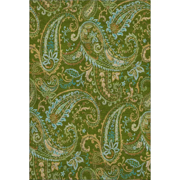 8' X 10' Green And Blue Paisley Washable Area Rug With UV Protection