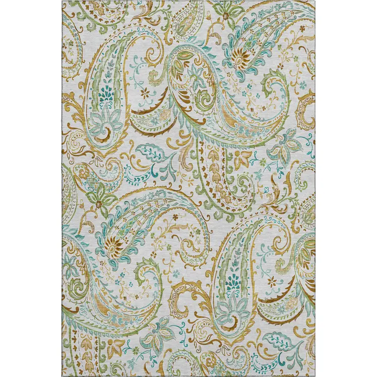 9' X 12' Ivory Blue And Green Paisley Washable Area Rug With UV Protection