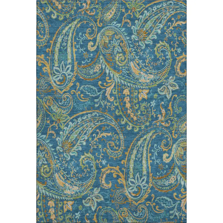 3' X 5' Navy Blue Green And Gold Paisley Washable Area Rug With UV Protection